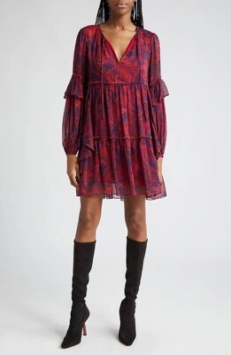 New Cinq à Sept Livie Tiered Mini Dress In Dark Red Multi Size 2 $395