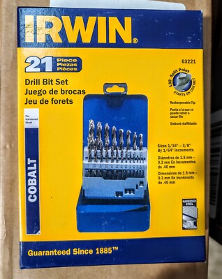 IRWIN 63221 21pc. Jobber Length Cobalt Drill Bit Set- Same Day Shipping