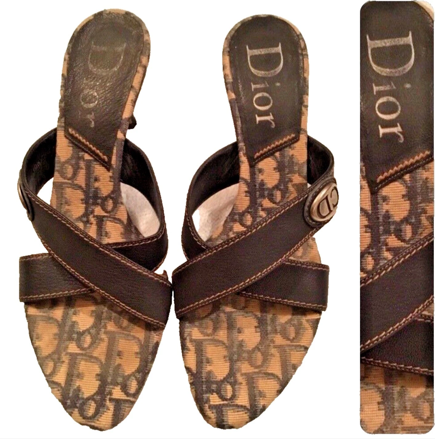 Sandales à talons latéraux Christian Dior Navy Cross Slides cuir logo CD taille 40,5