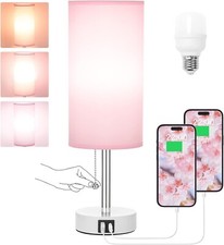 Nightstand Lamp with Color Modes - Pink Bedroom Lamp with USB Charging Ports