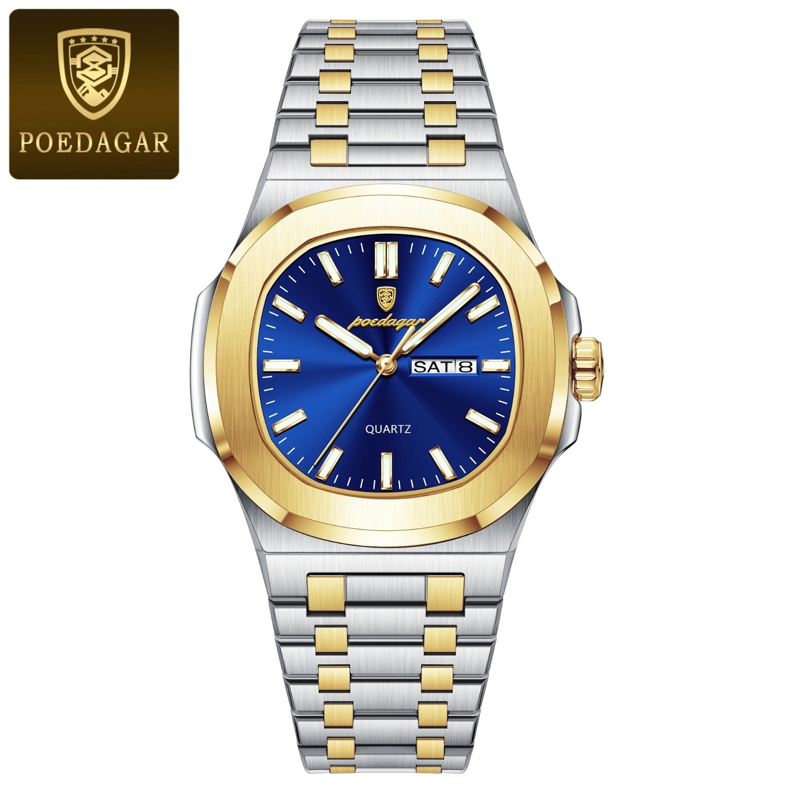 Luxury Poedagar Gold Blue Men's Watch Waterproof Luminous Stainless Steel Date Week Display