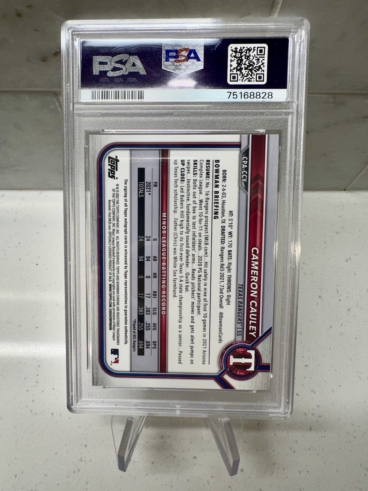 2022 Bowman Chrome 1st Auto Cameron Cauley Red Refractor /5 PSA 10 GEM MINT view 2