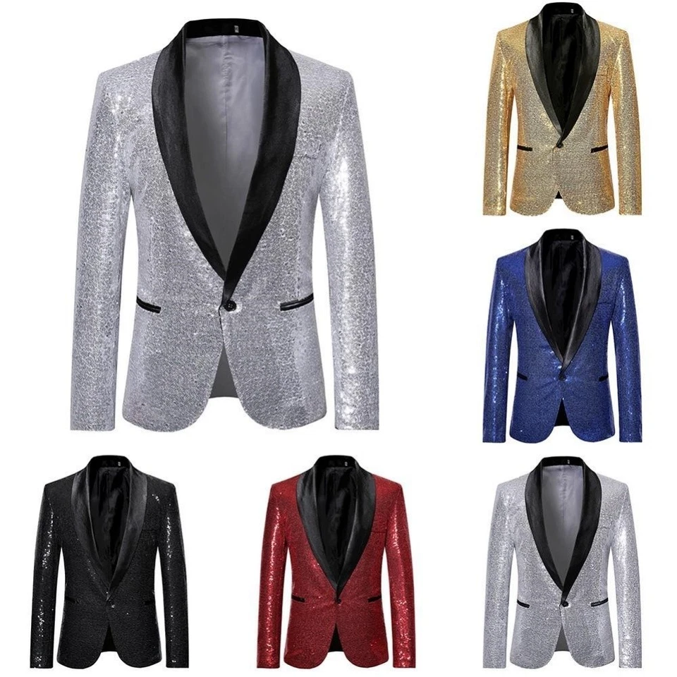 Mens Nightclub Sequin Blazer Jacket Party Suit Coat Gentleman Style Formal Wear - Image 3 of 4