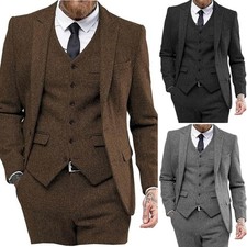 Men's Vintage 3Pcs Suit Herringbone Blazer Vest Trousers Business Wedding Set