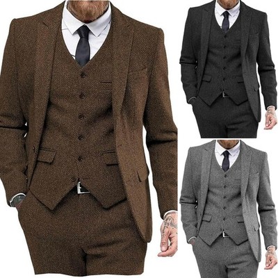Men's Vintage 3Pcs Suit Herringbone Blazer Vest Trousers Business Wedding Set