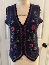 Vintage Embroidered  Beaded Knit Vest Alyssa Brooke Size M Rare Excellent Navy