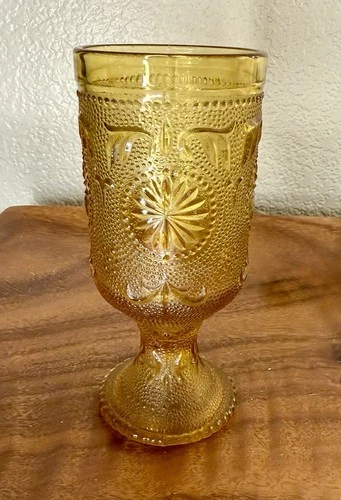 Indiana Glass Tiara Amber Goblet – Sandwich Daisy Pattern, 6,25” Footed Goblet
