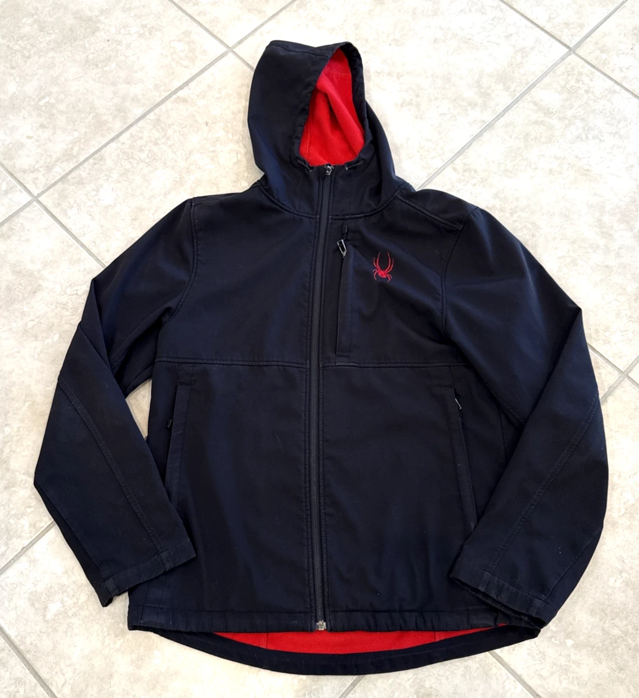 Spyder Softshell Jacket Sz M Black Full Zip Hooded Fleece Liner Ski Outdoor Coat
