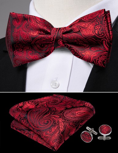 Silk Bow Tie and Pocket Square Cufflinks Set Mens Pretied Bowtie Designer Gift - Picture 4 of 156