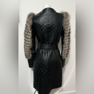 Acasta Black Quilted Fur Fox Belted Leather Jacket Size S | eBay