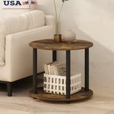 2-Tier Round Wooden Side End Table Modern Minimalist Storage Compact Design New