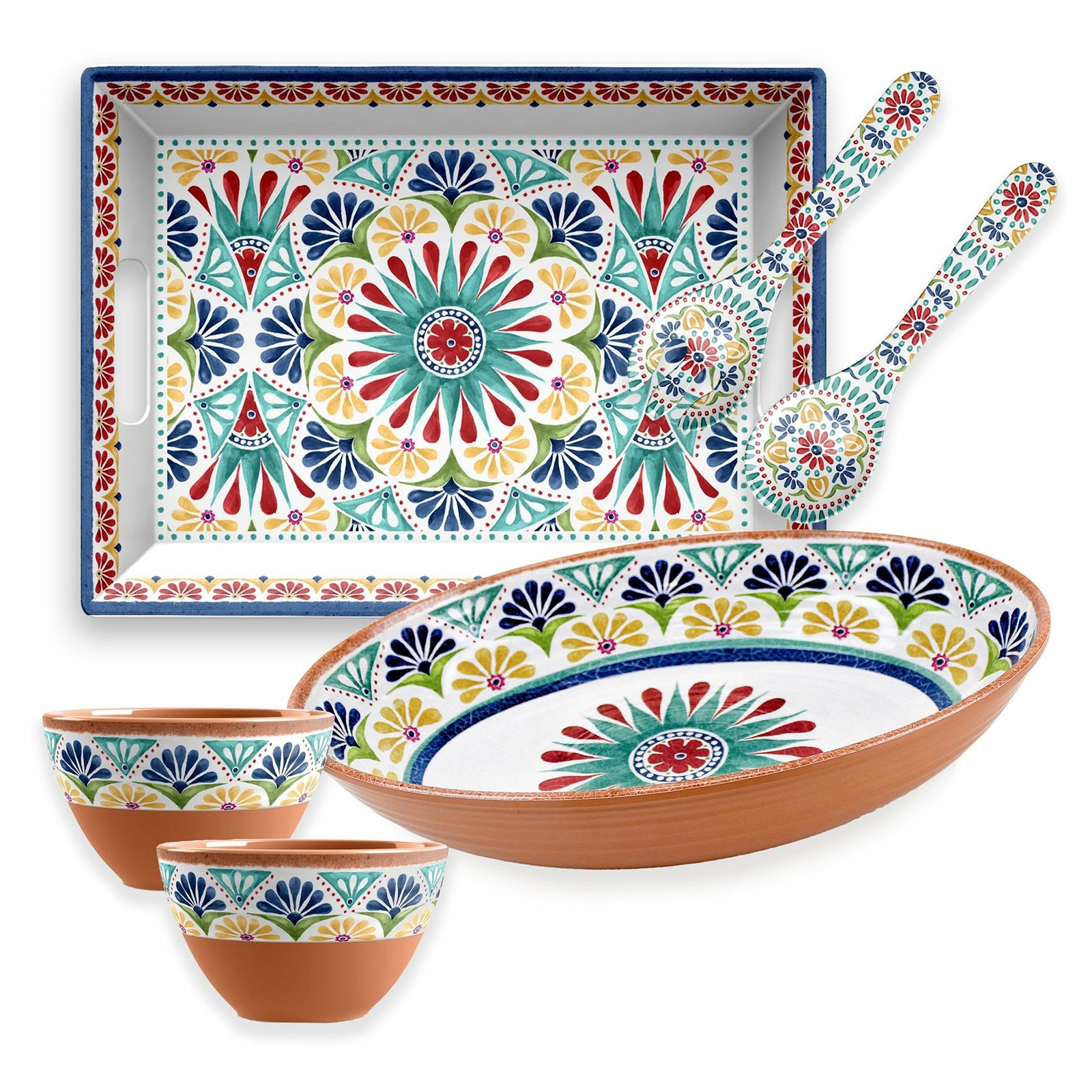 Rio Medallion Melamine Oval Bowl, Rectangular Tray, Servers & 2xDipping Bowls