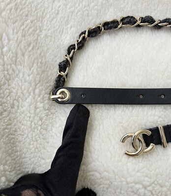 Auth Chanel 22K Classic Small CC Logo Tweed Chain Leather Belt