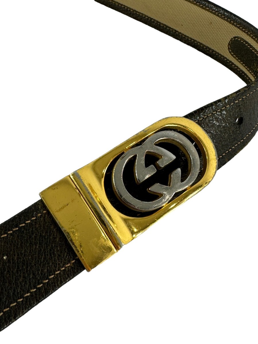 GUCCI Brown Leather/Beige Nylon GG Reversible Gold & Silver  display picture 2