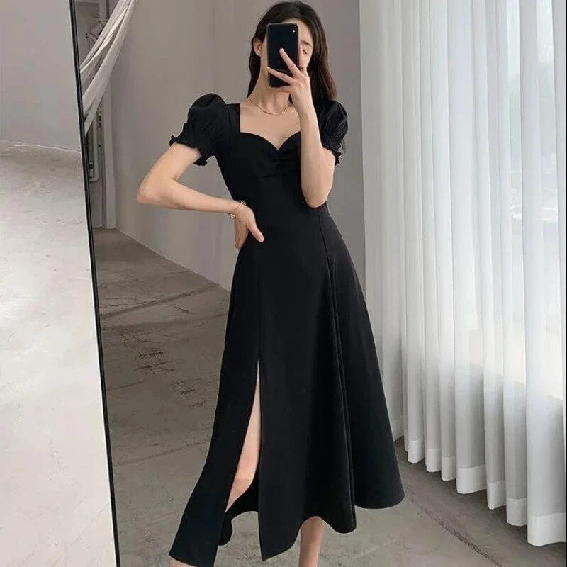 Short-Sleeved Elegant Slit Dress New V-neck Full Dresses Ladies High Waist  Slim | eBay