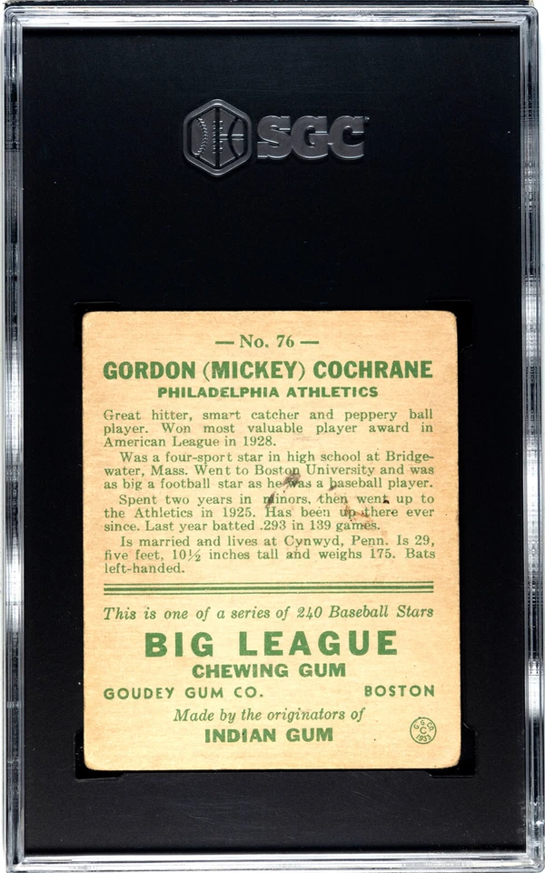 1933 Goudey Baseball #76 Mickey Cochrane SGC 3.5 VG+ Detroit Tigers HOF - Image 2 of 2