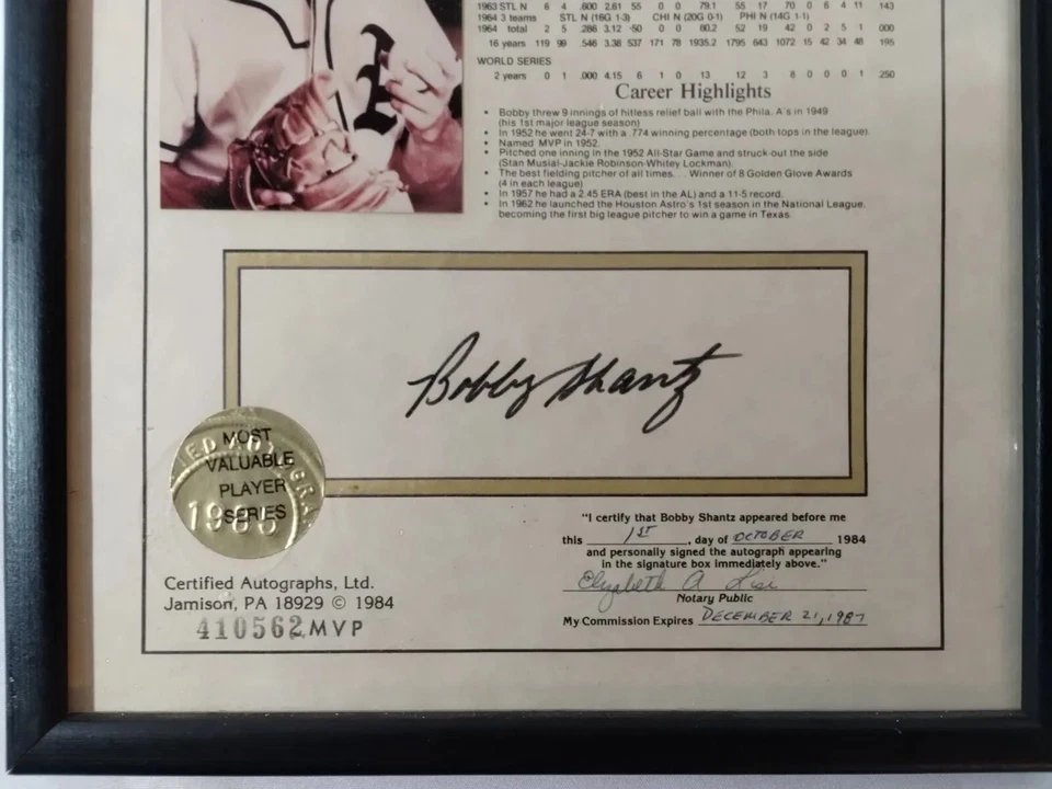 RARO Bobby Shantz KC Athletics Auténtico Firmado Autografiado Enmarcado 410562MVP Foto 2 de 4