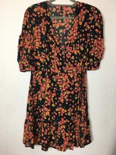 Nobody’s Child Wrap Dress Black Multicolour Floral Autumn Ruched Sleeves 14