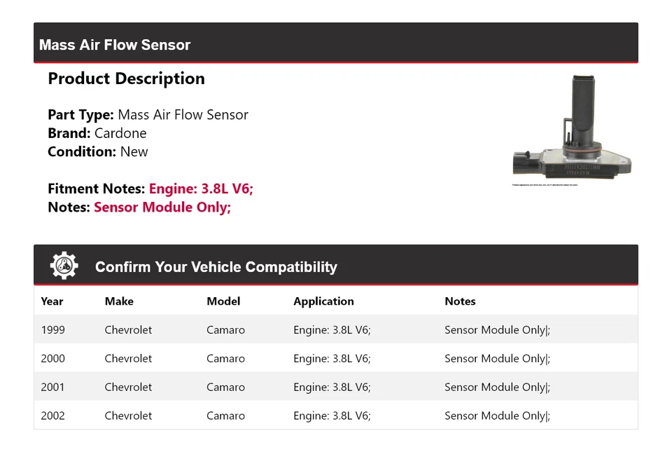 Sensor de flujo de aire masivo Cardone 2000 2001 para Chevrolet Camaro 1999-2002 3,8 L V6 Foto 2 de 4
