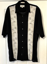 CAMPIA MODA Mens Sz L S/S Rayon Hawaiian Shirt - Black Palm Tree Panel Print