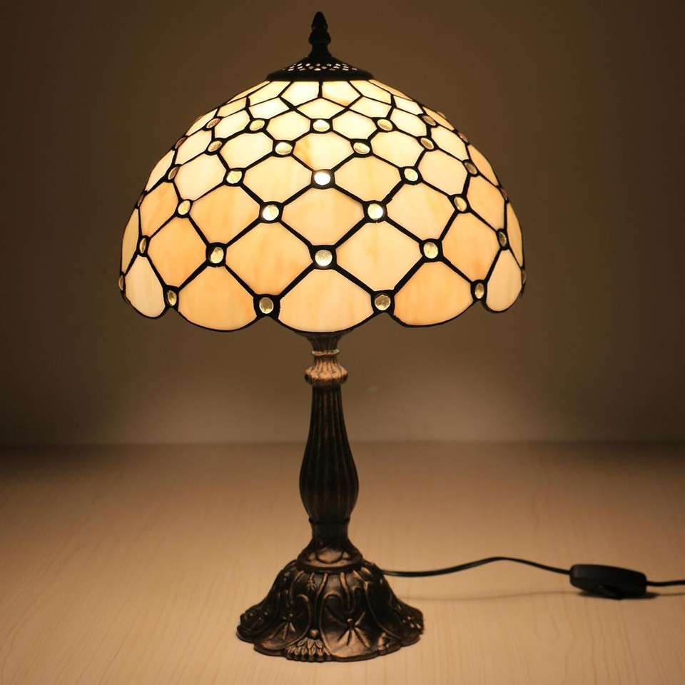Tiffany Side Table Lamps for Living Room W/LED Bulb White Beads Stained