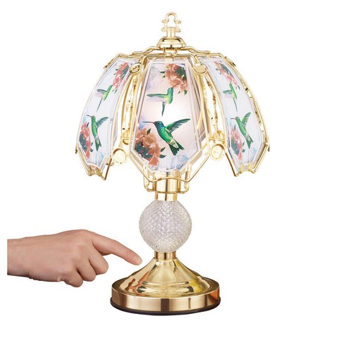 Colorful Hummingbird Scene Glass 3-Way Touch Table Lamp Gold Base Home Decor - Picture 2 of 4