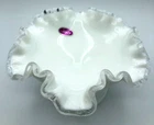 Fenton #7228SC Milk Glass Bowl Round Low Footed Crimped Silver Crest Antique