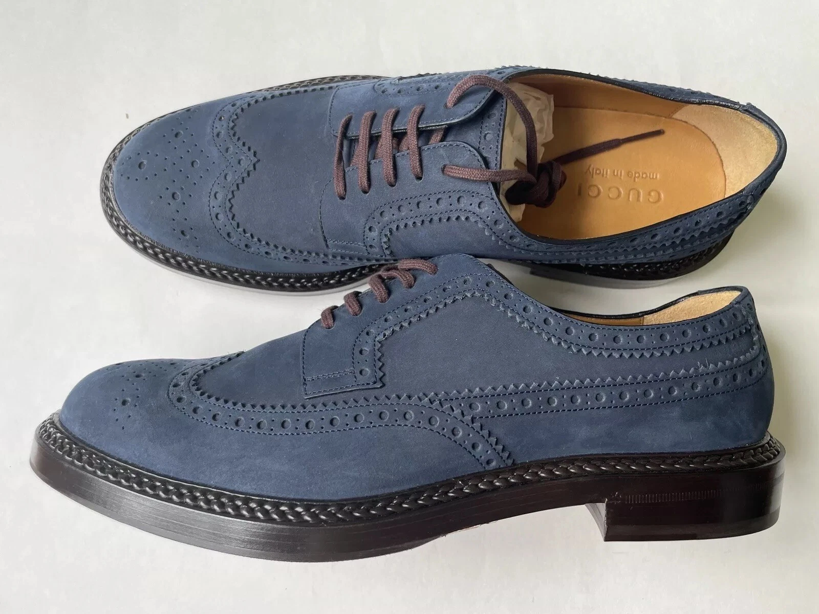 GUCCI bleu nubuck derby bout d’aile brogues 669830 homme taille UK 9,5, US 10