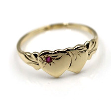Size N Childs 9ct Yellow Gold Double Heart Ruby Signet Ring - July Birthstone