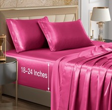 4pcs Extra Deep Pocket Sheets Full Size Bed Set Hot Pink Satin Sheet Set Fit 182