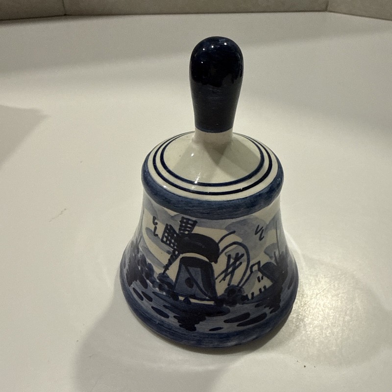 Vintage Delfts Holland Hand Painted Dinner Bell, Windmill Scene, 3.75”