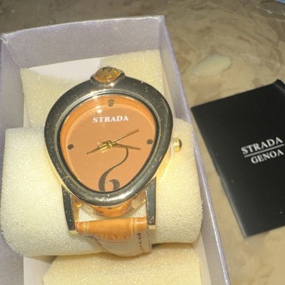 Strada Genoa Asymmetrical Brown Leather Wristwatch Gold Case Brown Dial
