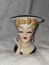 (Lot #7) Black Vintage Head Vase With Earrings And Pearl Necklace 4.5"