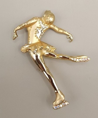 Vtg AJC Signed Gold Tone Ice Skater Brooch Pin AB Rhinestone Skates Sports Gift
