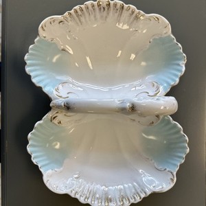 Antique Large KPM Germany Porcelain Divided Handled Serving Dish Blue Gold Trim