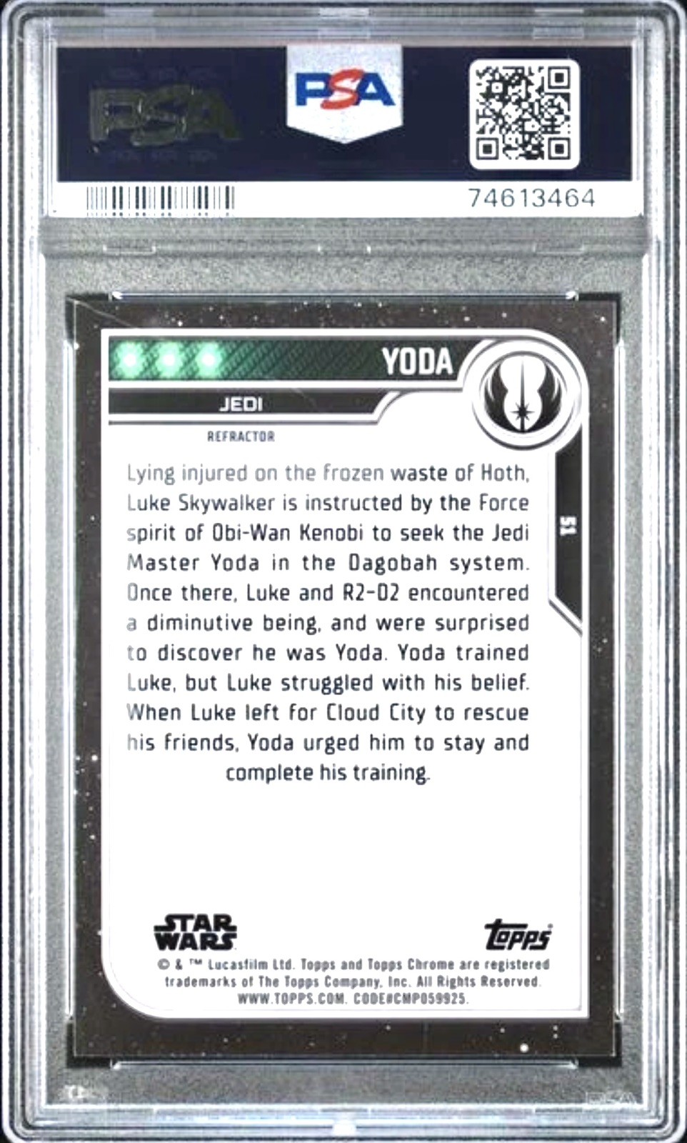 Buy this, you must 2023 Topps Star Wars Chrome Yoda #51 REFRACTOR PSA 10 GEM MT view 2