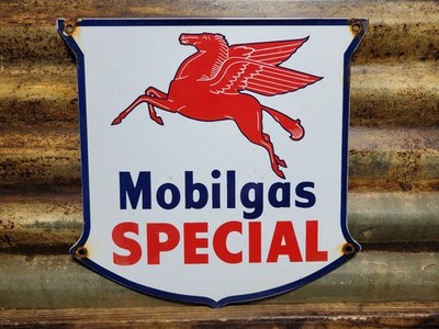 VINTAGE MOBIL PORCELAIN SIGN OLD GAS STATION SHIELD PEGASUS GAS