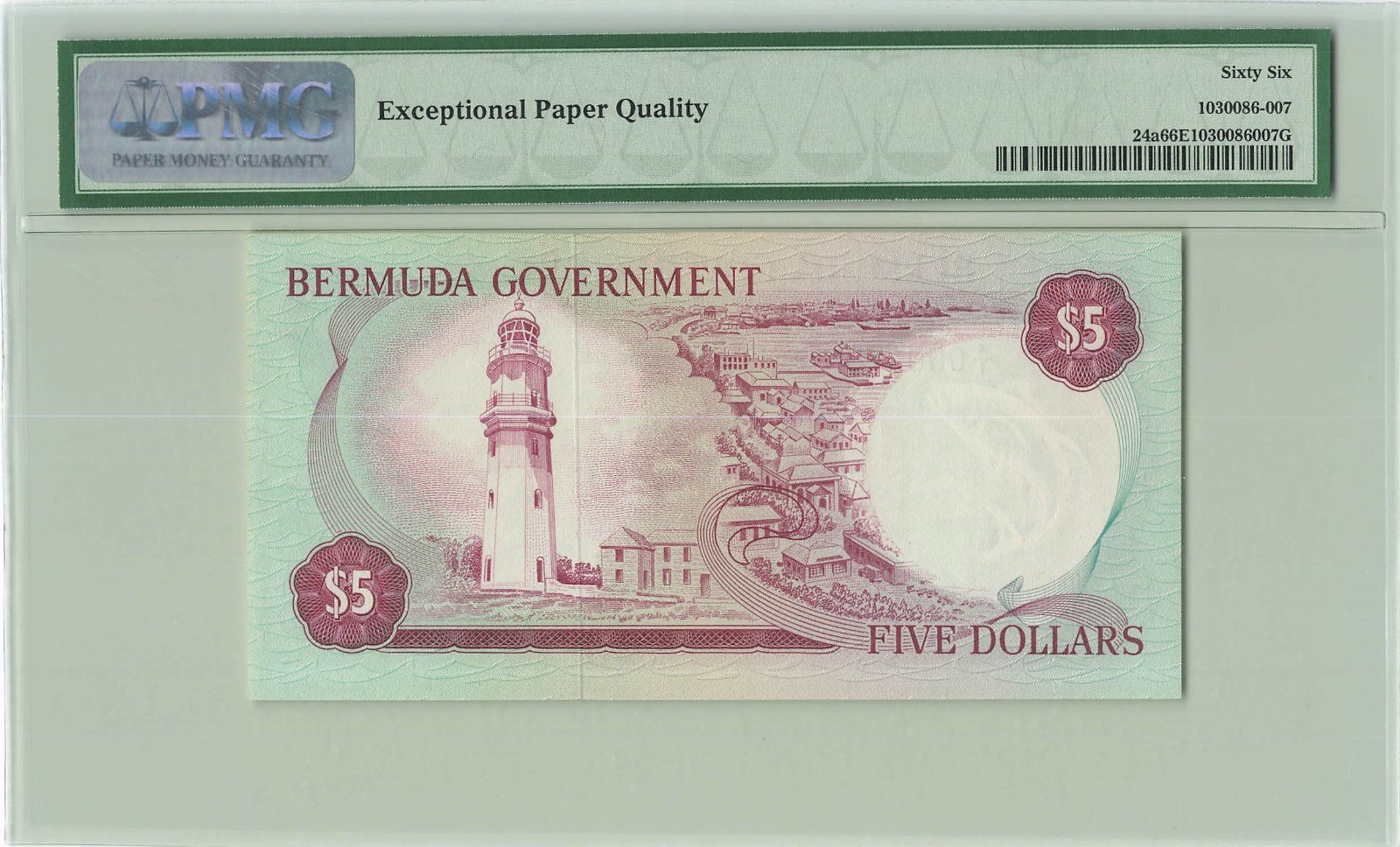BERMUDA $5 Dollars 1970, P-24a Government, Low S/N  A/1 000179. PMG 66 EPQ UNC