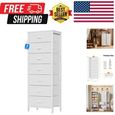 White Tall Dresser for Bedroom with 7 Drawers, Vertical Chest of Drawer in Cl...