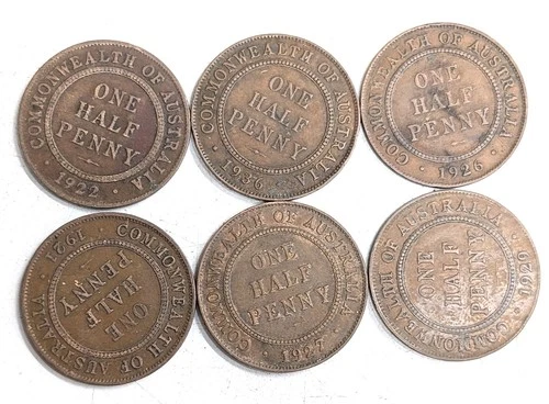 Six Old King George V AUSTRALIA Half Penny Coin Collection Lot (#Z863)