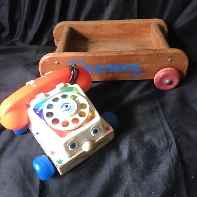 Vintage Playskool Wagon Colorol Holz Nachzieh- & Fisher Price Wählscheibentelefon