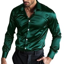 Satin Silk Long Sleeve Shirt for Men Casual Shirts Wedding Party Disco Club NEW