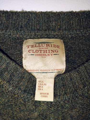 Telluride Clothing Company Sweater Mens Large 100% Wool Green/Brown Shoulder Pad - Picture 3 of 4
