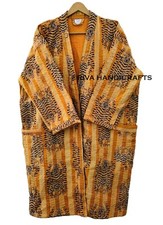 Indian Kantha Quilt Tibetan Tiger Print Yellow Handmade Winter Mid-Length Jacket