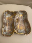 VINTAGE STANGL Pottery ANTIQUE GOLD & BLUE #3782 DOUBLE CANDY NUT DISH W/ HANDLE — photo 3