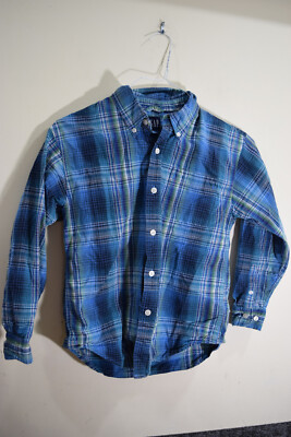 Gap KIDS L 10 Blue Green White Plaid Cotton Preppy L/S Button Down Shirt