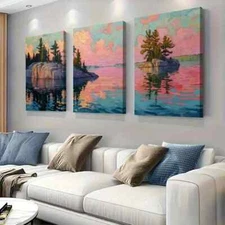 3pcs Serene Lakeside Rocks and Trees Wall Art Canvas Framed 50x70cm