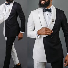 Men's Black White Suits Wedding Tuxedos Double Breasted Shawl Lapel Blazer Suits