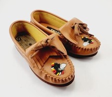 Vtg Peanuts SNOOPY Native Headress Kids Size 6 Brown Mocassin Shoes 1980s Beaded
