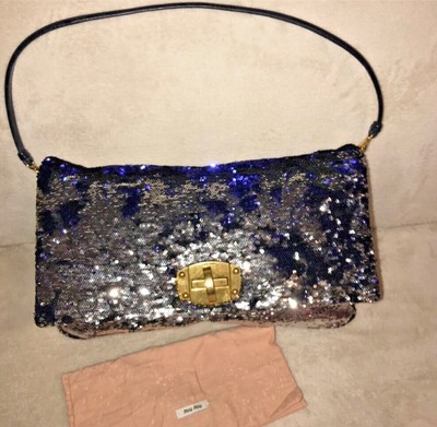 Auth MIU MIU Gold Tone Lock Multicolored Navy Sequin Leather Strap  
